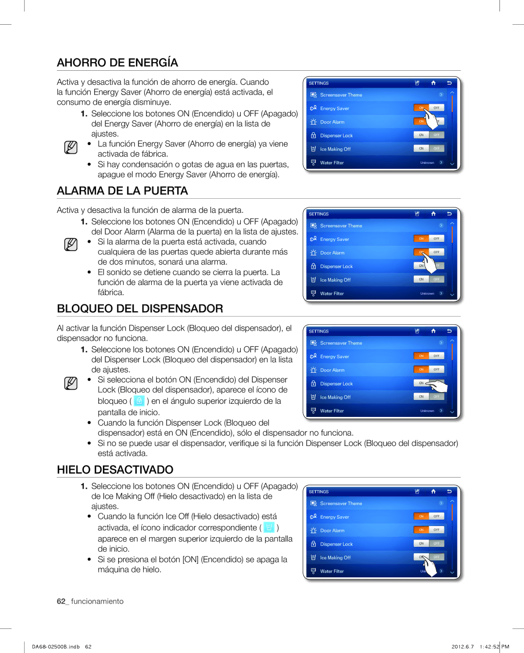 Samsung RSG309AARS user manual Ahorro DE Energía, Alarma DE LA Puerta, Bloqueo del dispensador, Hielo Desactivado 