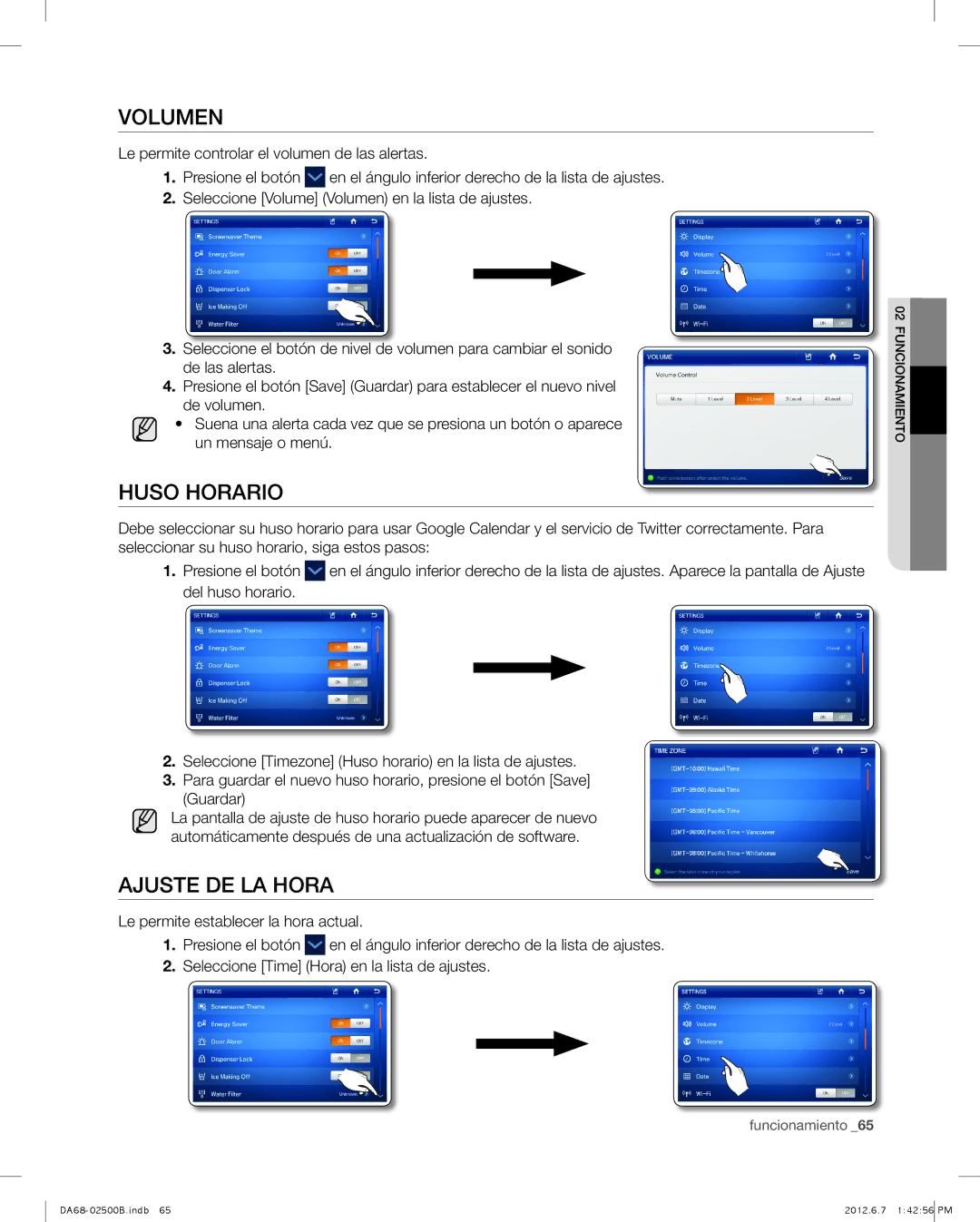 Samsung RSG309 user manual Volumen, Huso horario, Ajuste de la hora, Le permite establecer la hora actual Presione el botón 