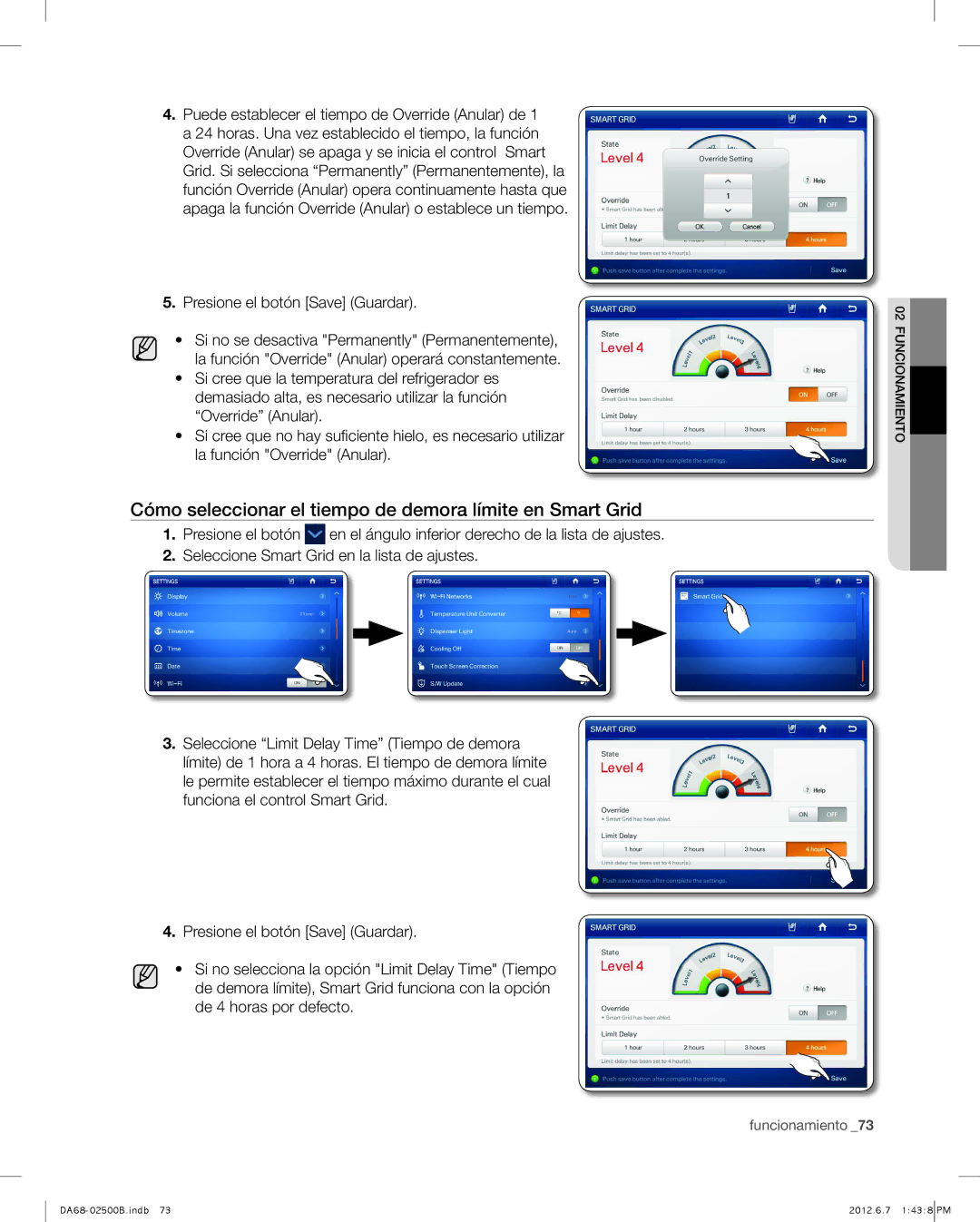 Samsung RSG309AARS user manual Cómo seleccionar el tiempo de demora límite en Smart Grid, Presione el botón Save Guardar 