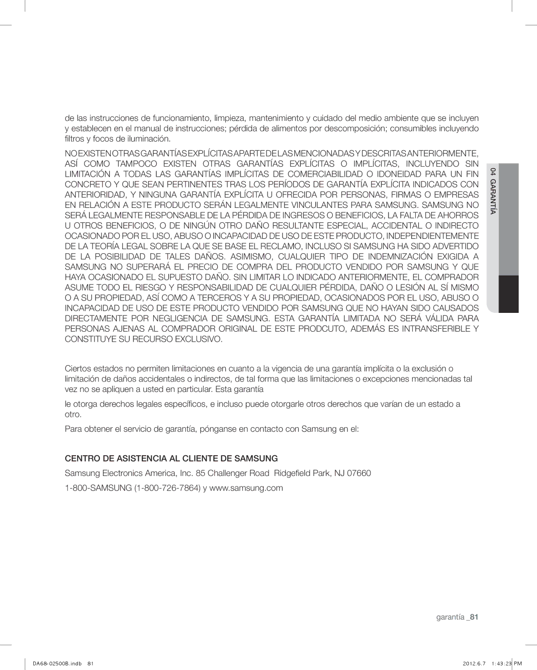 Samsung RSG309AARS user manual Centro DE Asistencia AL Cliente DE Samsung 