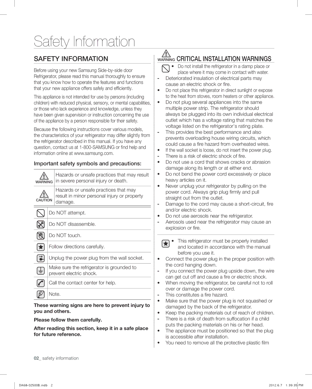 Samsung RSG309AARS user manual Safety Information, Important safety symbols and precautions 