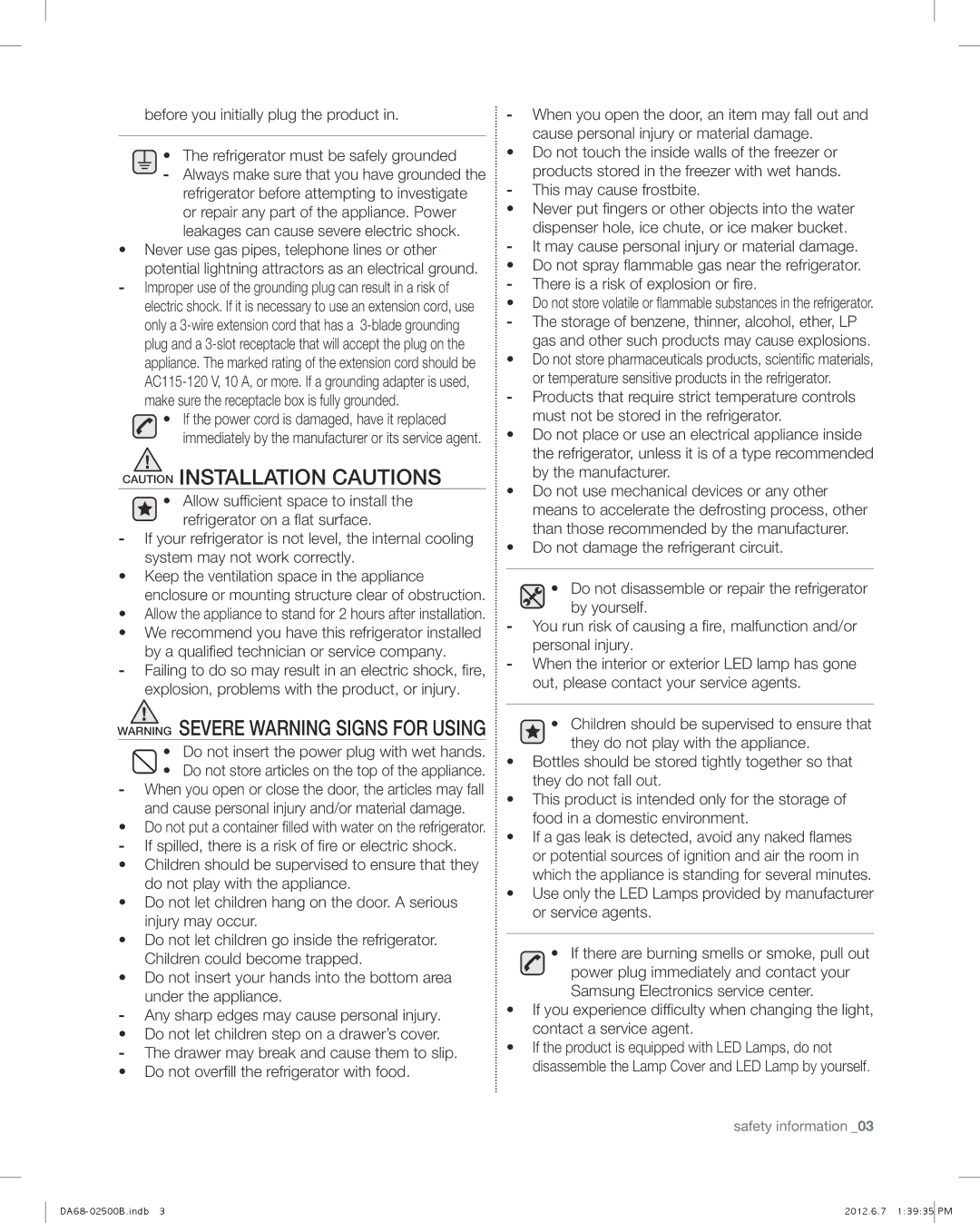 Samsung RSG309AARS user manual Do not insert the power plug with wet hands 