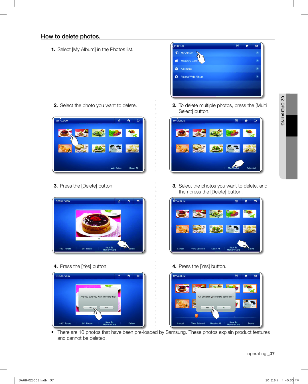 Samsung RSG309AARS user manual How to delete photos, Select button 