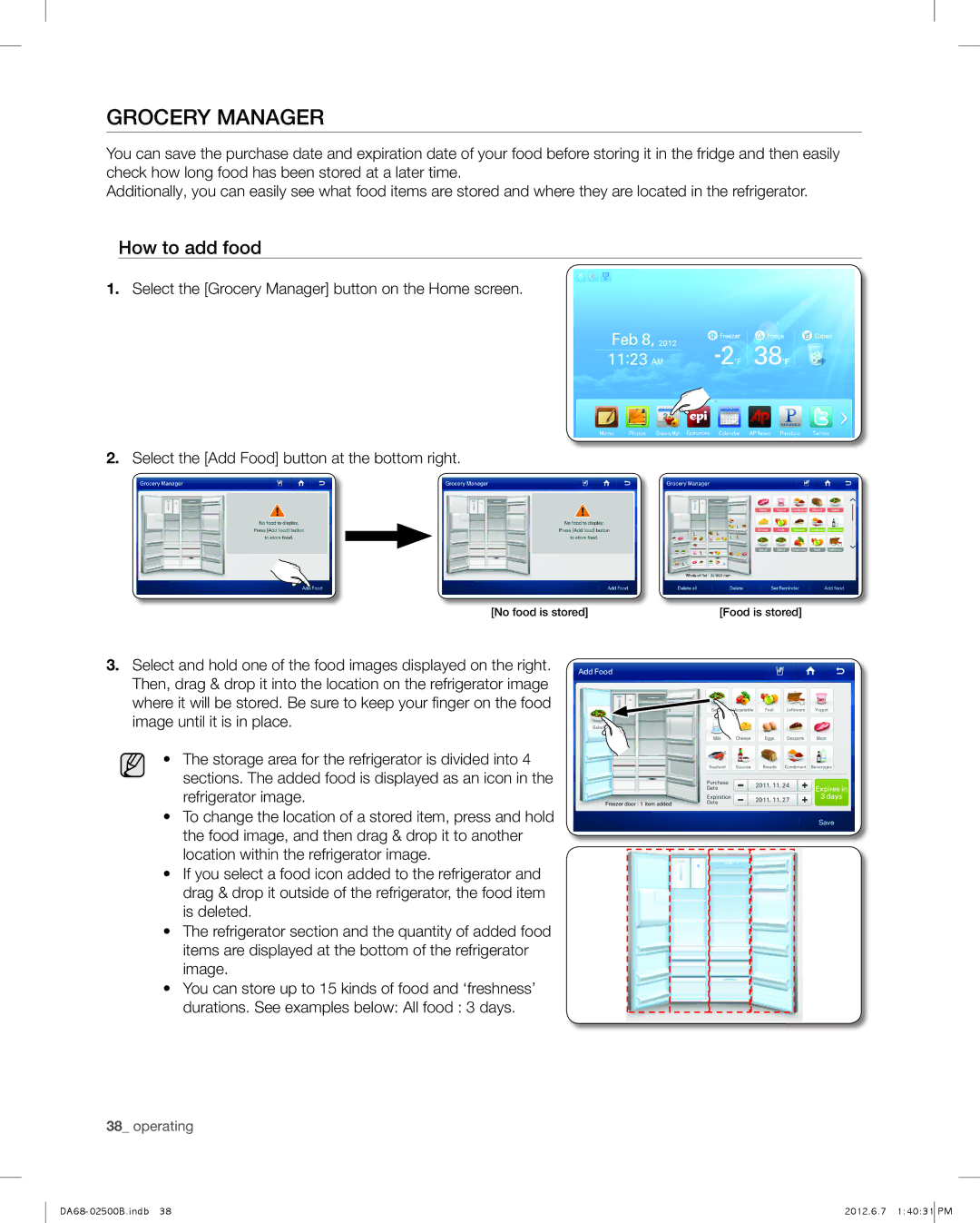 Samsung RSG309AARS user manual Grocery Manager, How to add food 