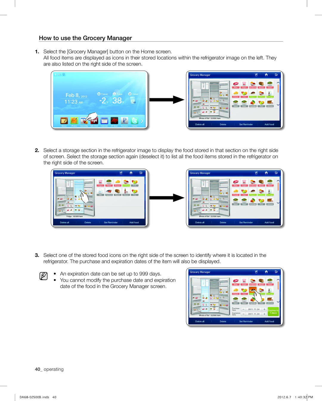 Samsung RSG309AARS user manual How to use the Grocery Manager 