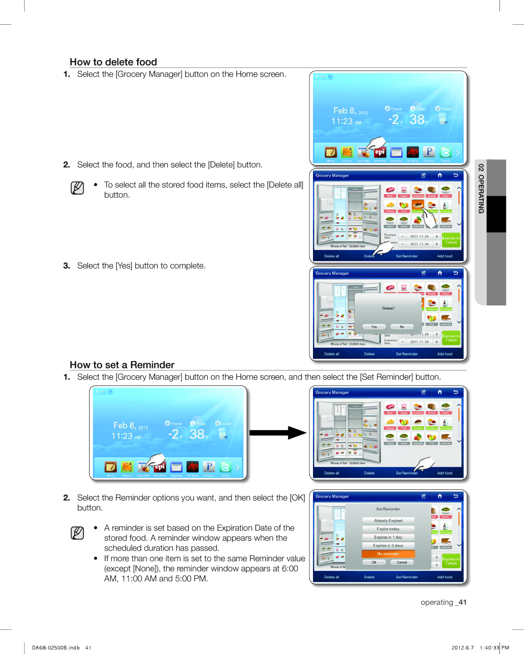 Samsung RSG309AARS user manual How to delete food, How to set a Reminder 