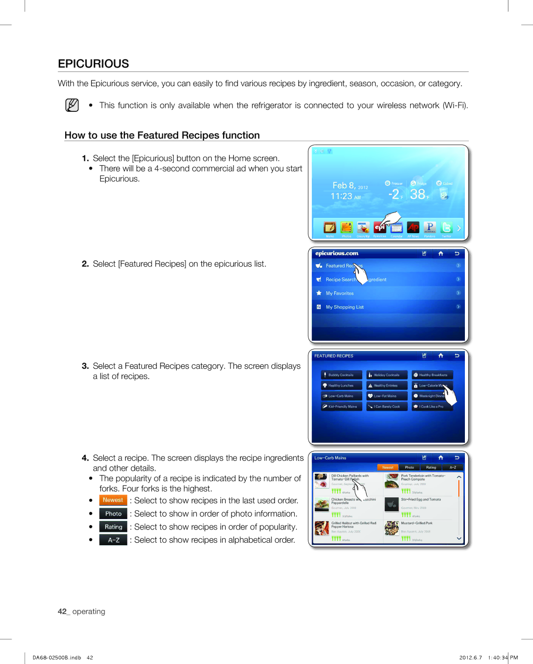 Samsung RSG309AARS user manual Epicurious, How to use the Featured Recipes function 