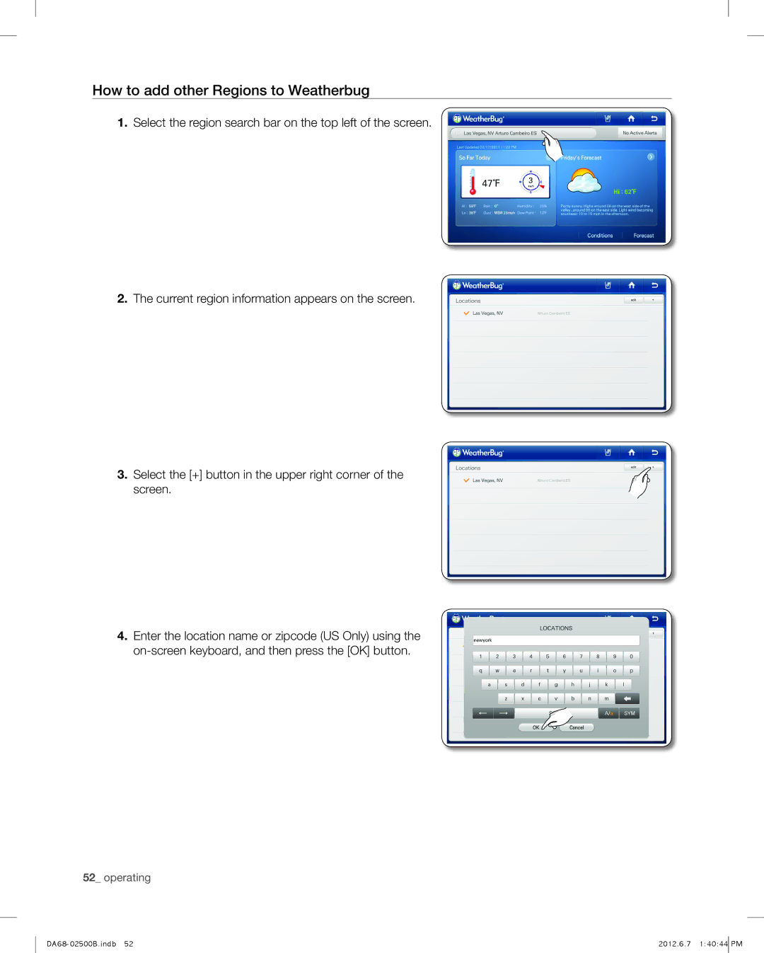 Samsung RSG309AARS user manual How to add other Regions to Weatherbug 