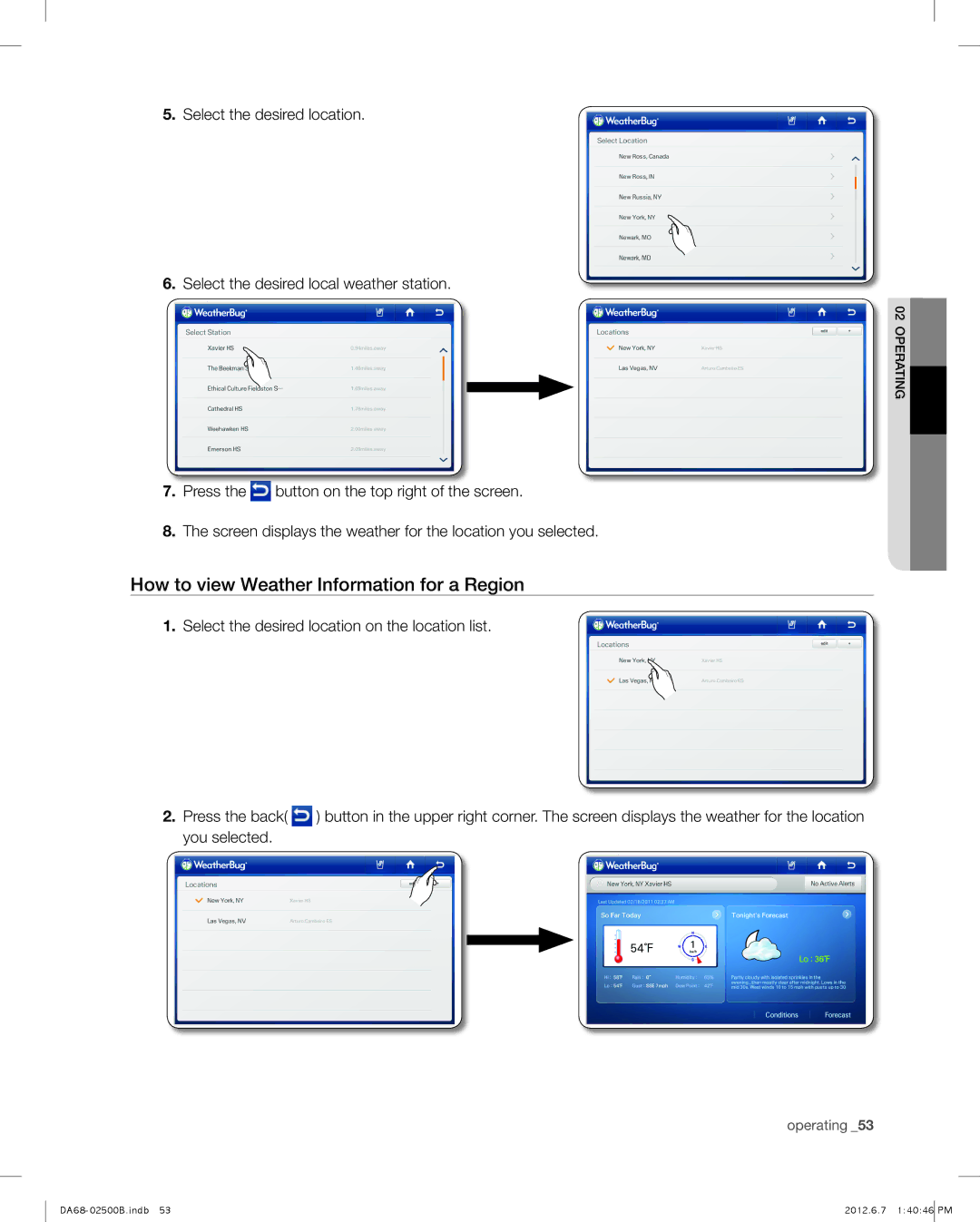 Samsung RSG309AARS user manual How to view Weather Information for a Region 