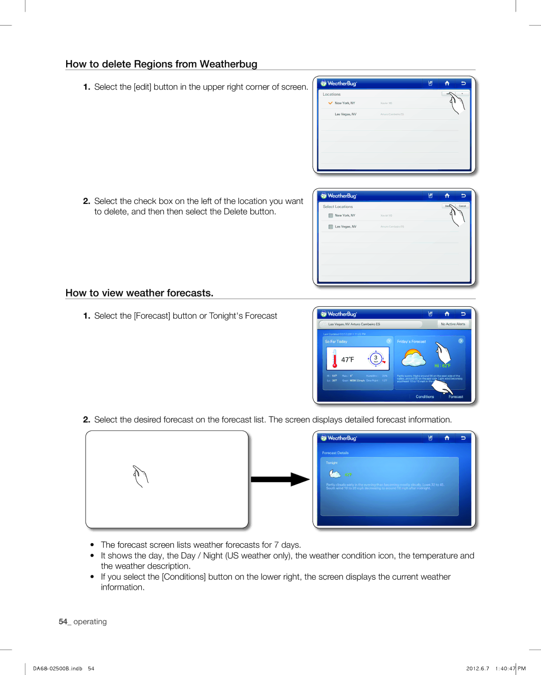 Samsung RSG309AARS user manual How to delete Regions from Weatherbug, How to view weather forecasts 