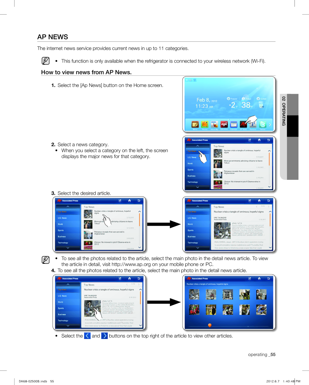 Samsung RSG309AARS user manual How to view news from AP News, Select the Ap News button on the Home screen 