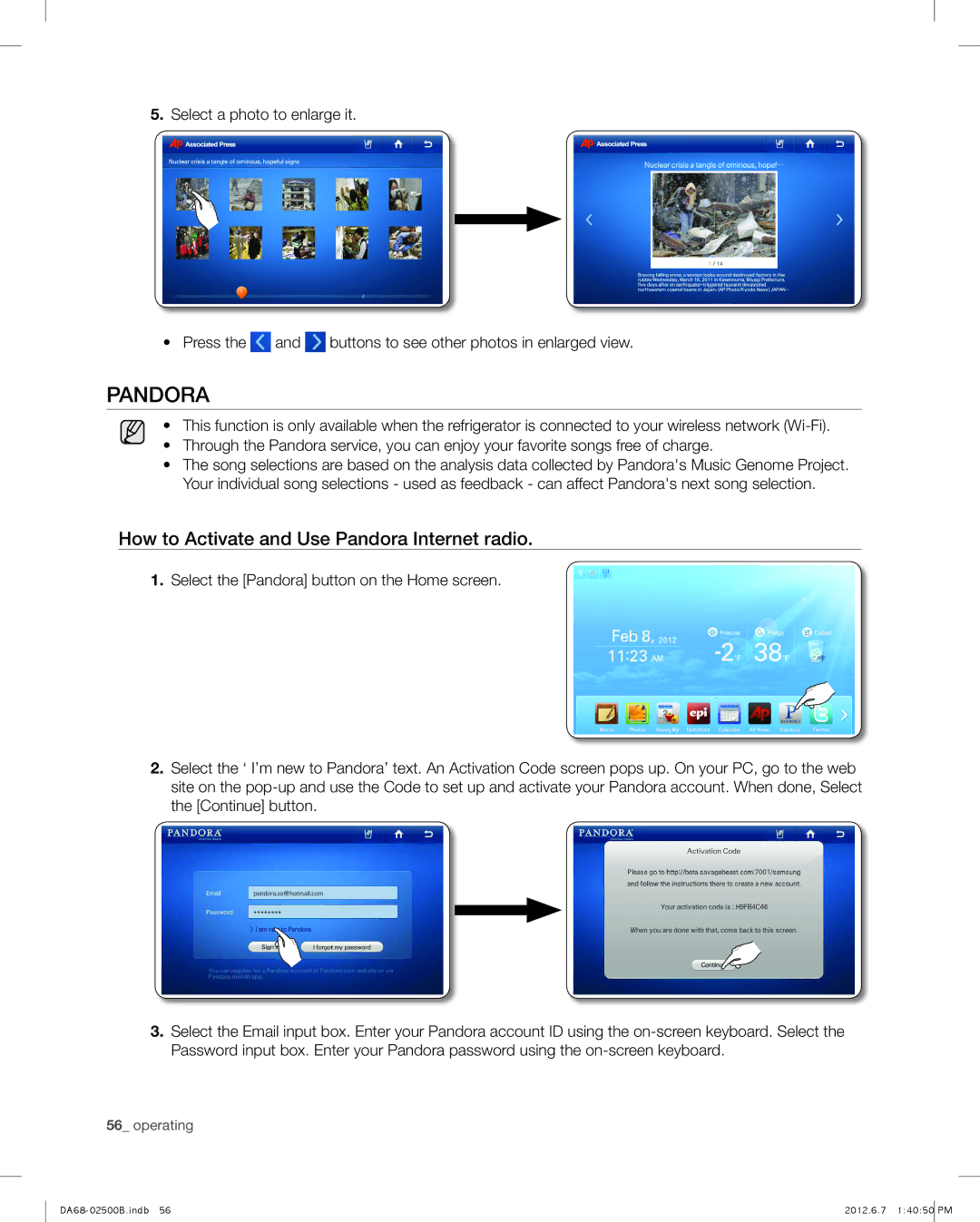 Samsung RSG309AARS user manual How to Activate and Use Pandora Internet radio 