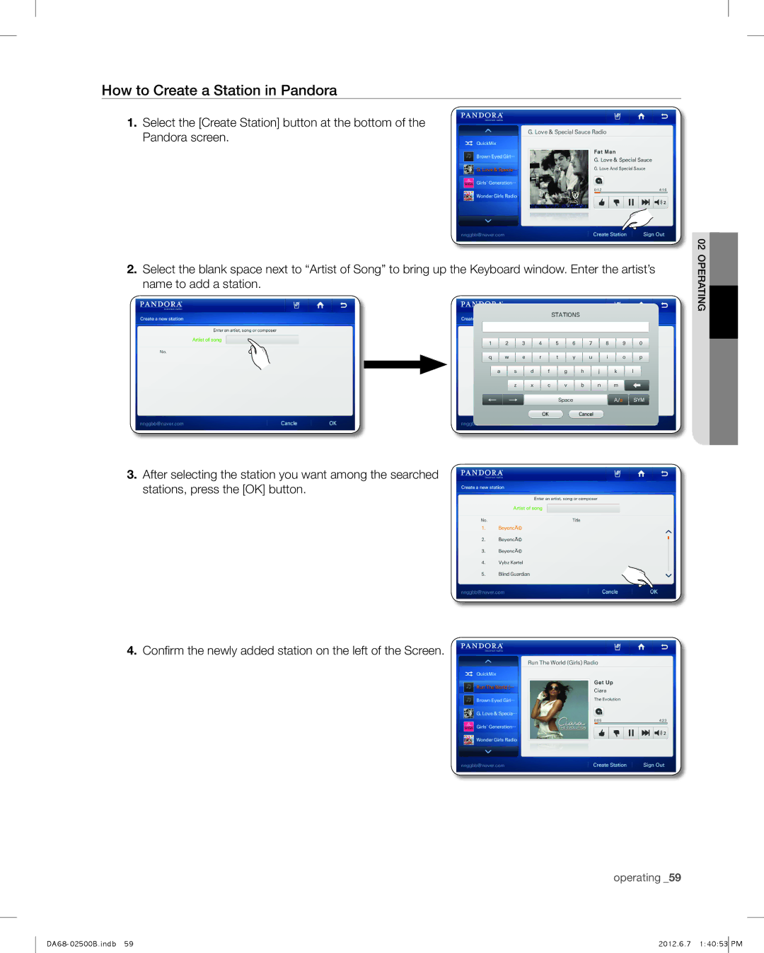 Samsung RSG309AARS user manual How to Create a Station in Pandora 