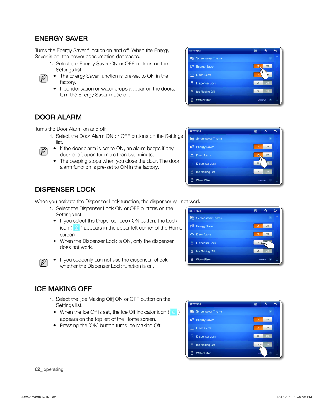 Samsung RSG309AARS user manual Energy Saver, Door Alarm, Dispenser Lock, ICE Making OFF 