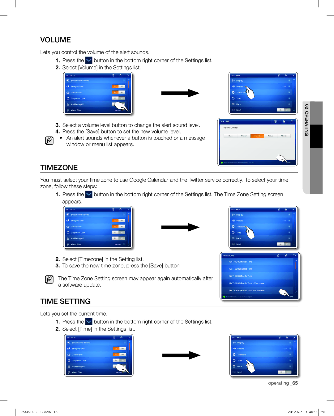 Samsung RSG309AARS user manual Volume, Timezone, Time Setting 