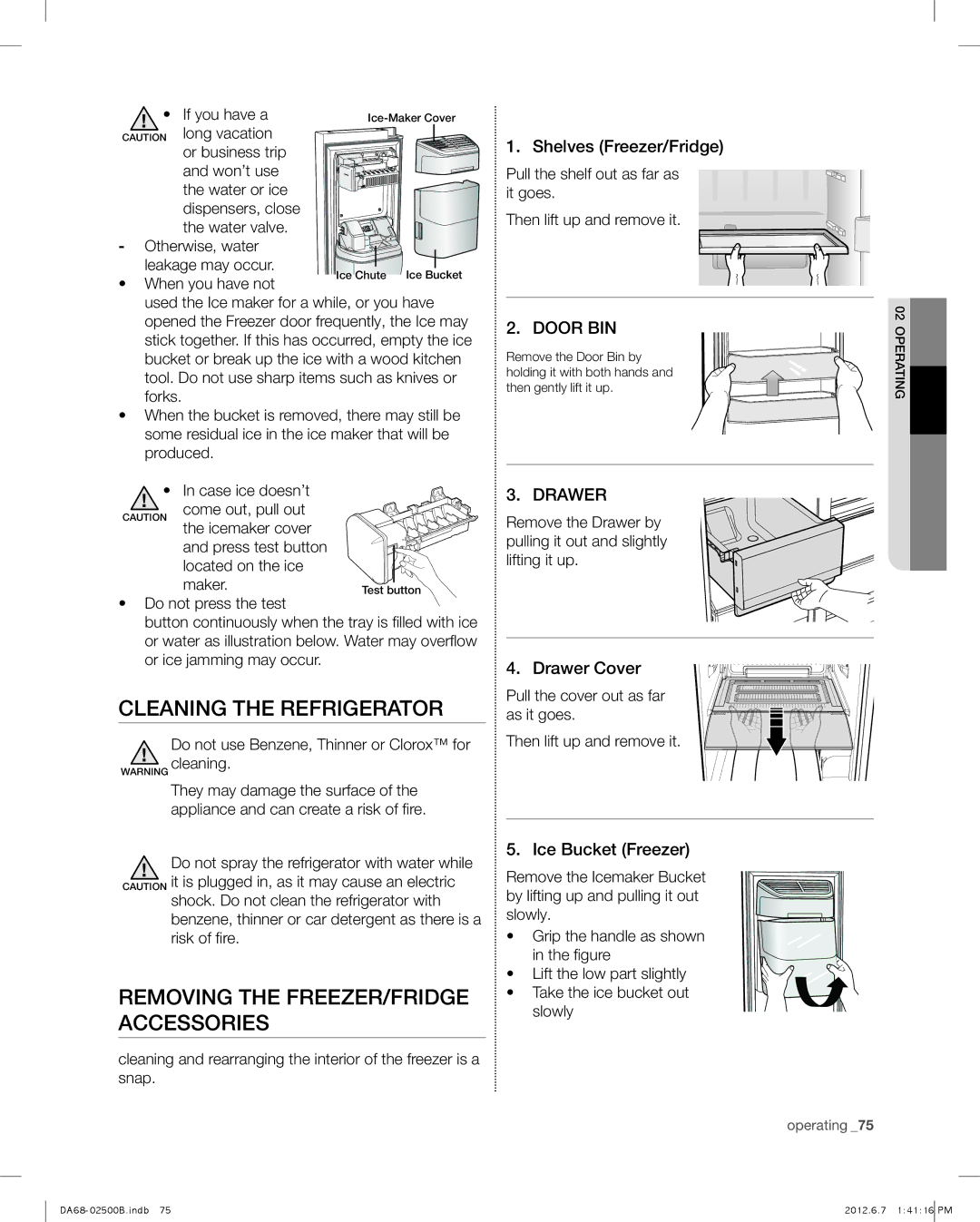 Samsung RSG309 Cleaning the refrigerator, Removing the freezer/fridge accessories, Shelves Freezer/Fridge, Drawer Cover 