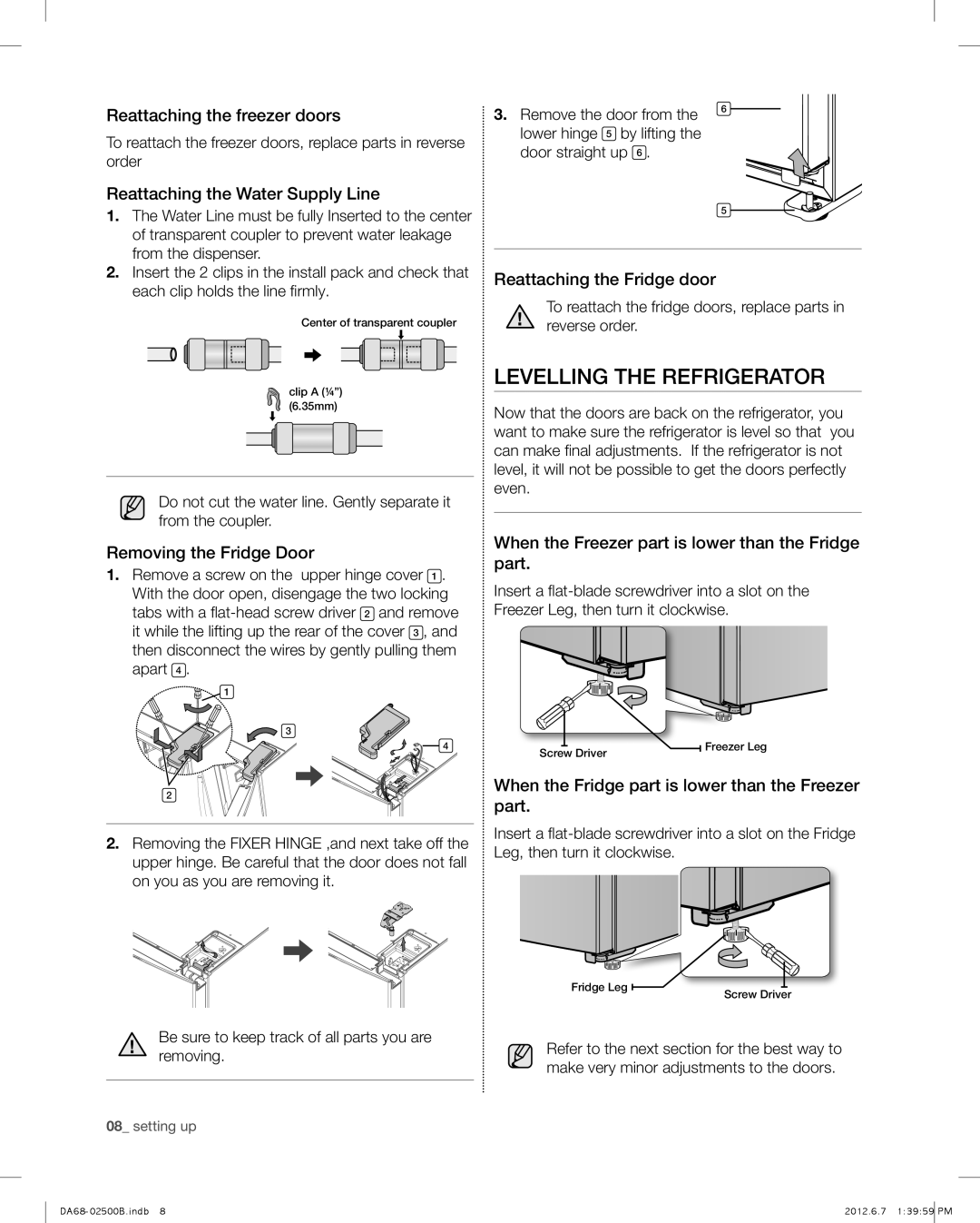 Samsung RSG309AARS user manual Levelling the refrigerator 