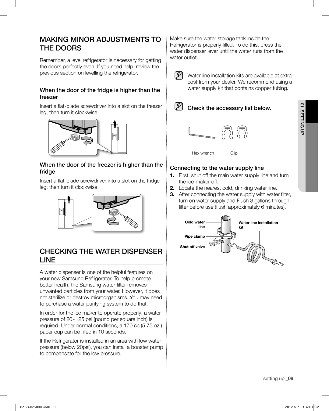 Samsung RSG309AARS user manual Making minor adjustments to the doors, CHECKinG tHE wAtER DisPEnsER LinE 