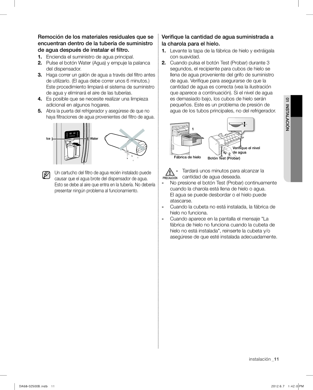 Samsung RSG309AARS user manual Fábrica de hielo De agua Botón Test Probar 