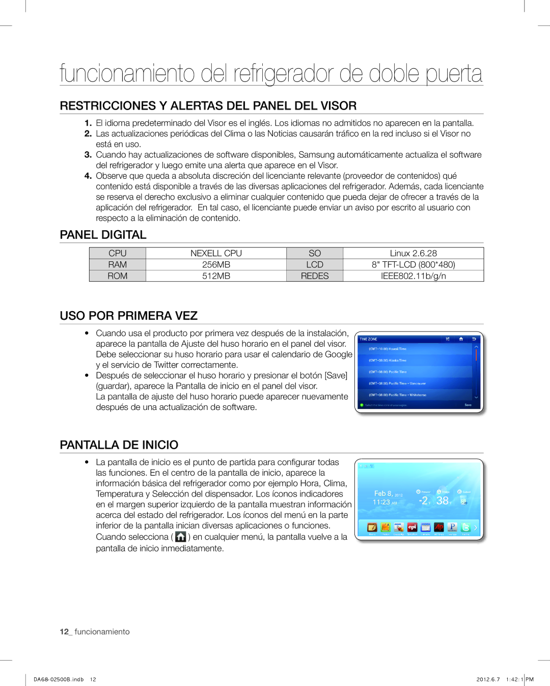 Samsung RSG309AARS Restricciones y Alertas DEL Panel DEL Visor, Panel Digital, Uso POR Primera vez, Pantalla de inicio 