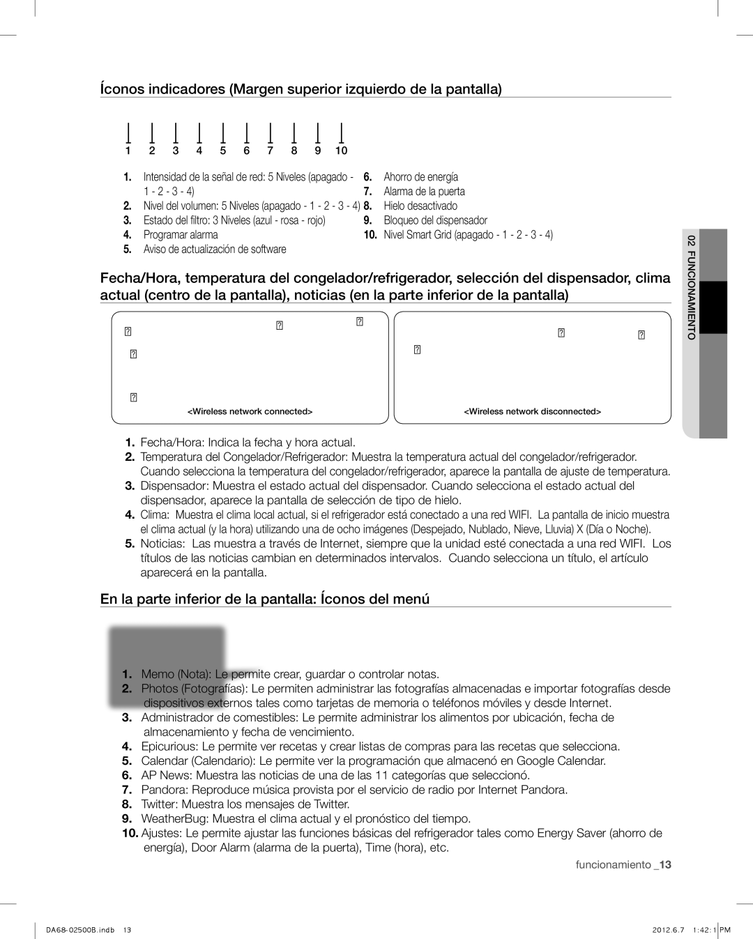 Samsung RSG309AARS Íconos indicadores Margen superior izquierdo de la pantalla, Aviso de actualización de software 