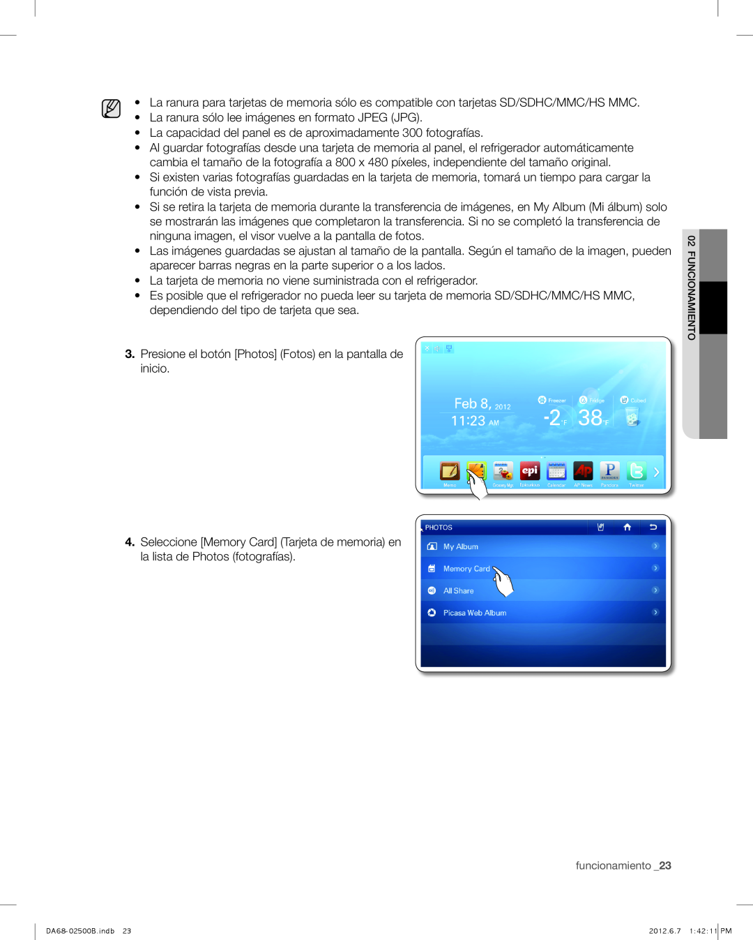 Samsung RSG309AARS user manual La ranura sólo lee imágenes en formato JPEG JPG 