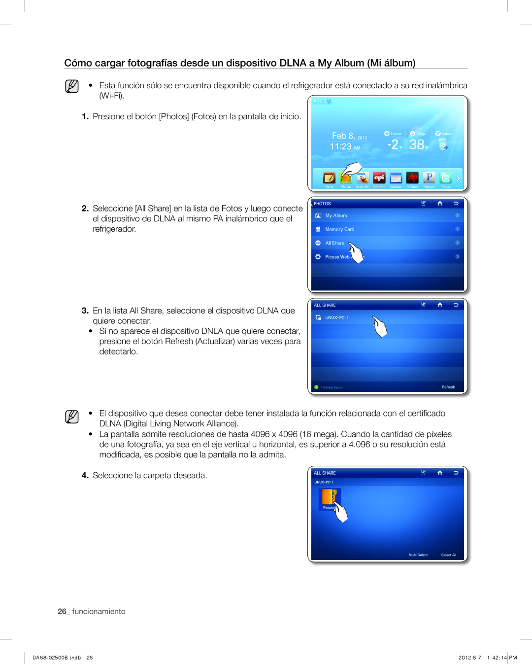 Samsung RSG309AARS user manual Cómo cargar fotografías desde un dispositivo DLNA a My Album Mi álbum 