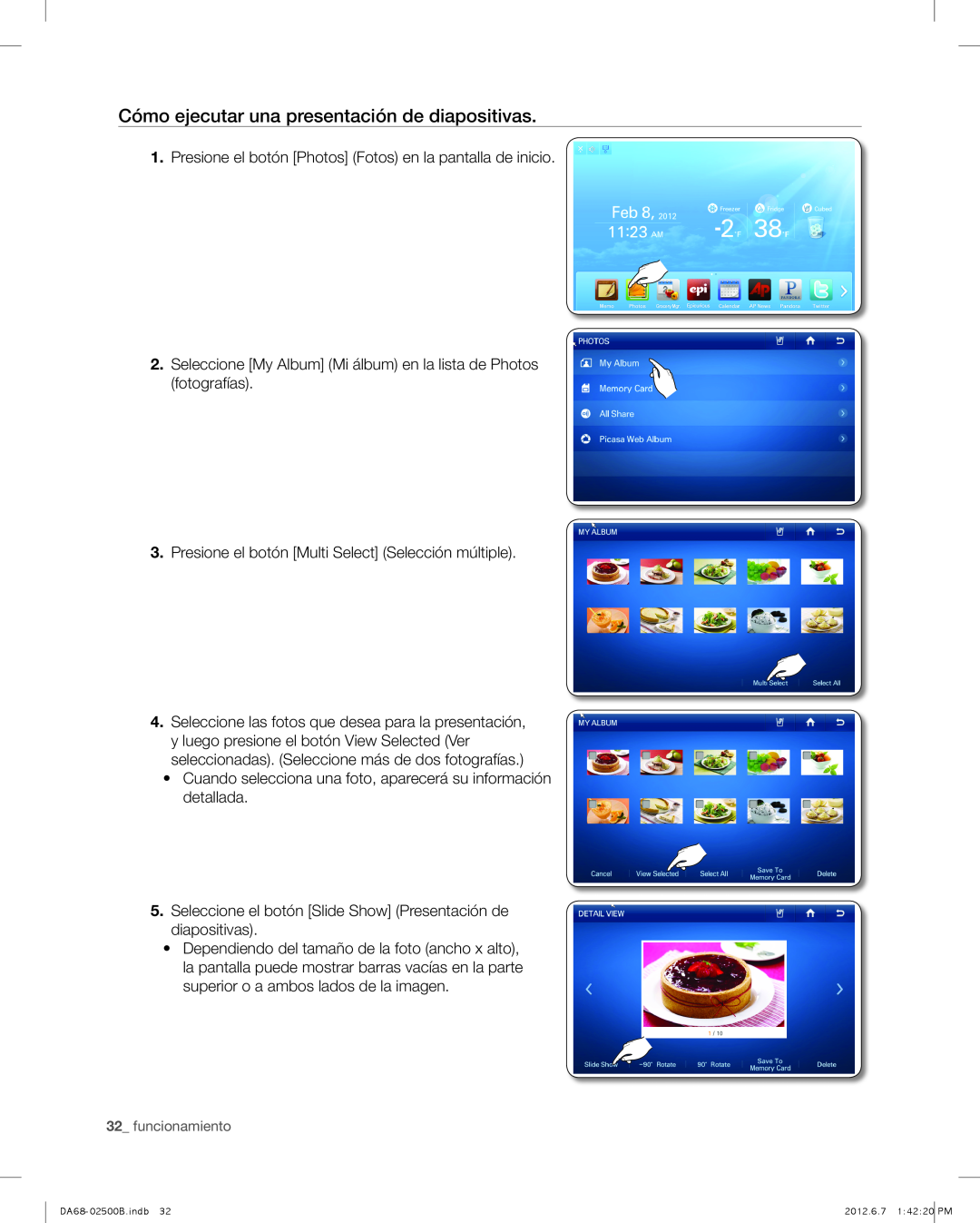 Samsung RSG309AARS user manual Cómo ejecutar una presentación de diapositivas, funcionamiento 