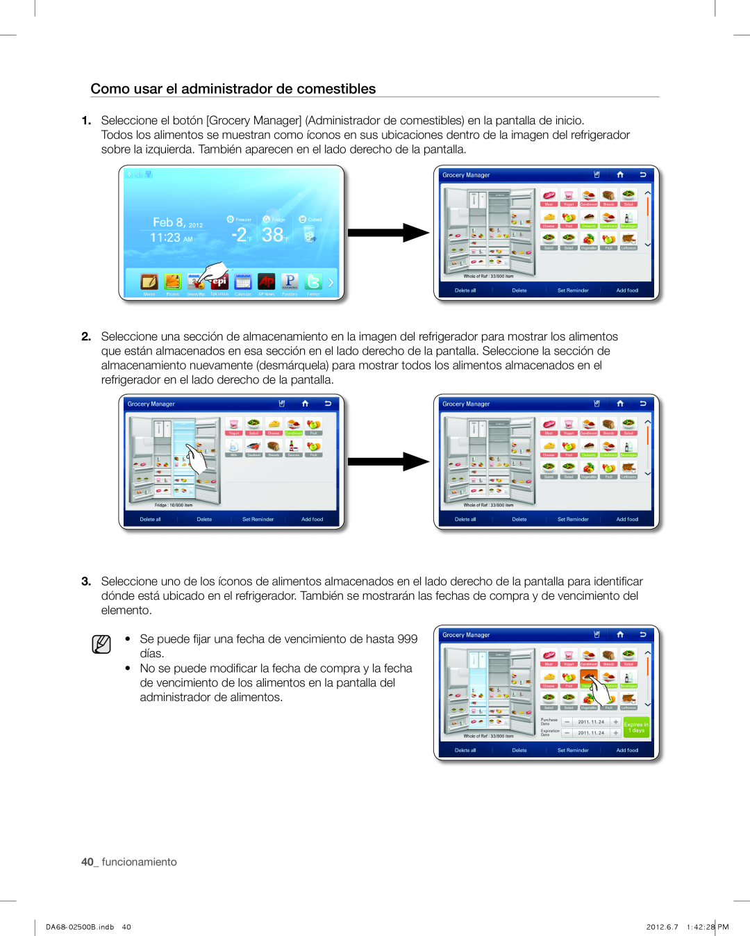 Samsung RSG309AARS user manual Como usar el administrador de comestibles, funcionamiento 