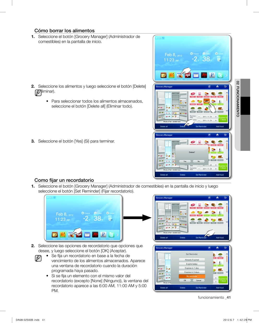 Samsung RSG309AARS user manual Cómo borrar los alimentos, Como fijar un recordatorio 