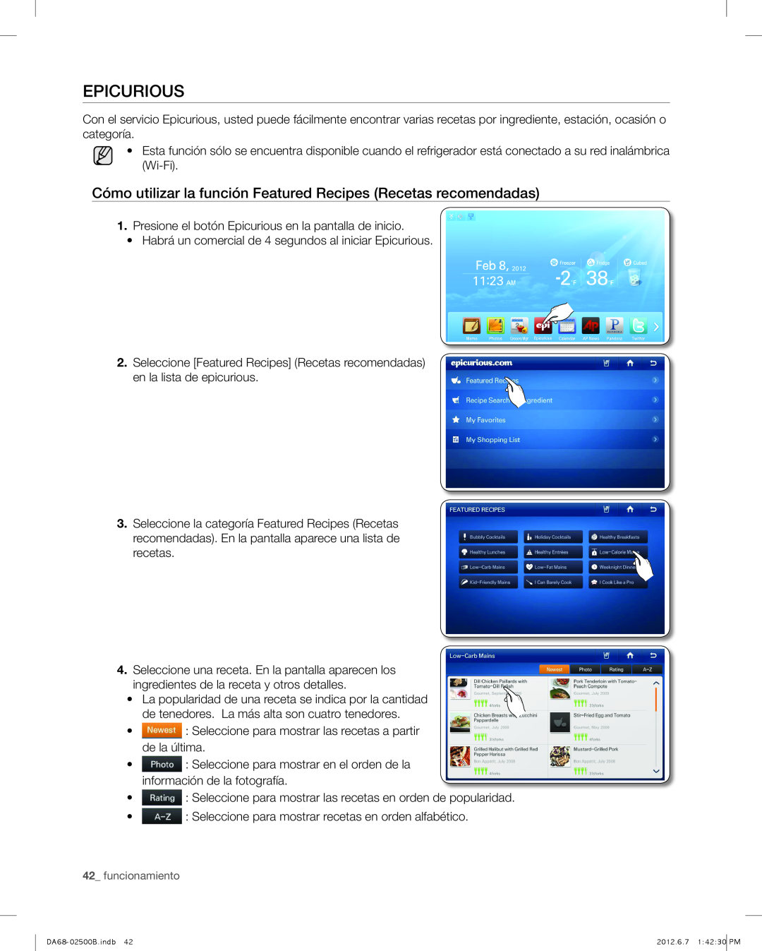 Samsung RSG309AARS user manual Cómo utilizar la función Featured Recipes Recetas recomendadas, Epicurious, funcionamiento 