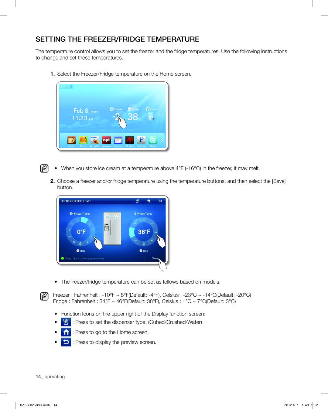Samsung RSG309AARS user manual Setting the Freezer/Fridge Temperature 