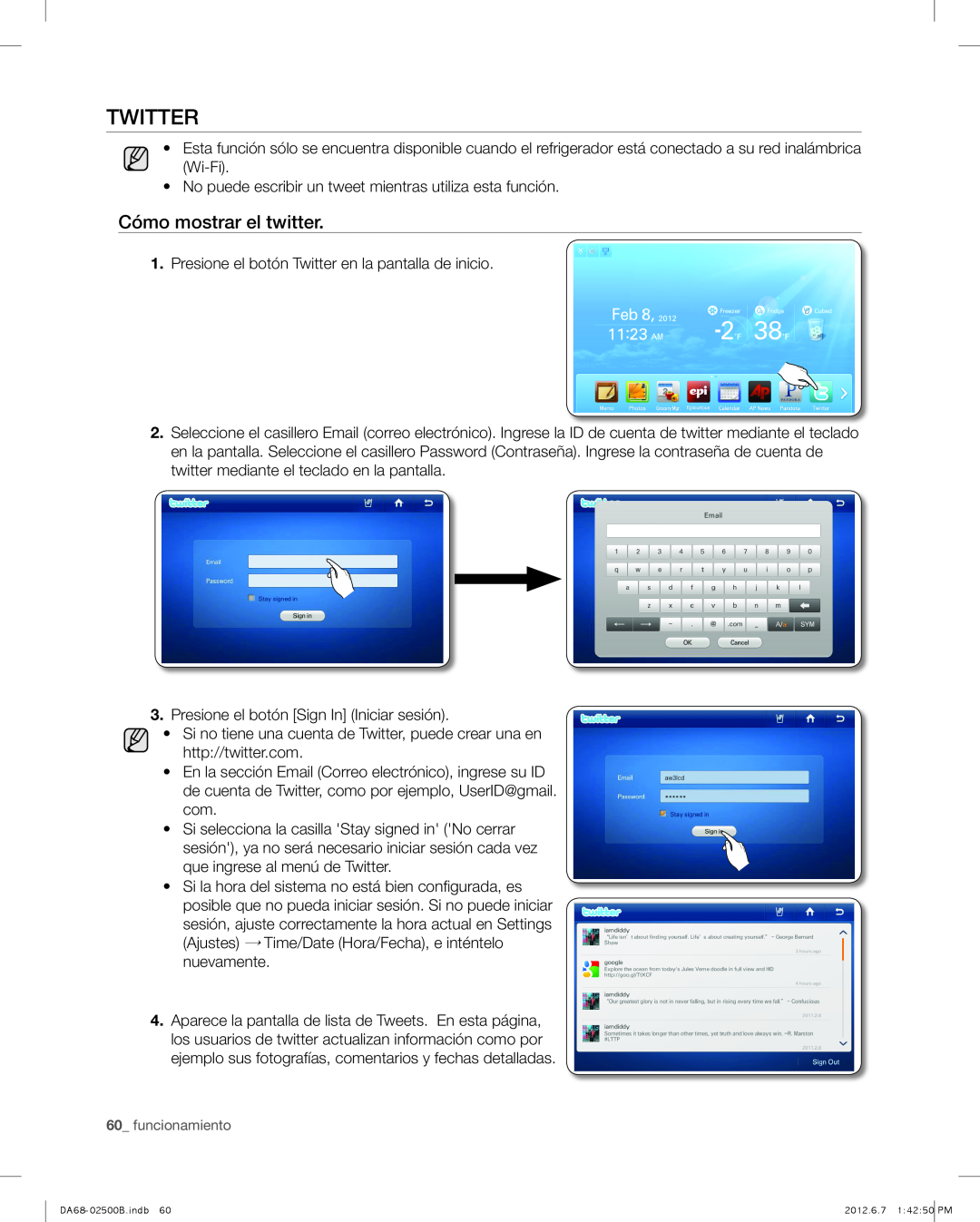 Samsung RSG309AARS user manual Cómo mostrar el twitter, Twitter, funcionamiento 