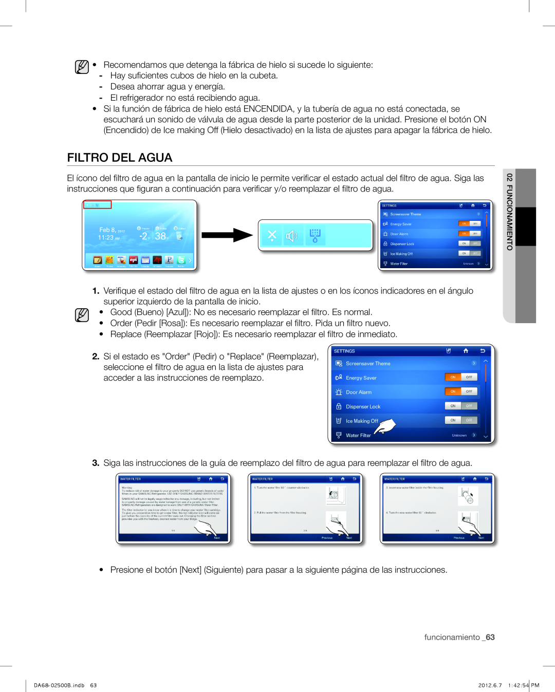 Samsung RSG309AARS user manual Filtro del agua 