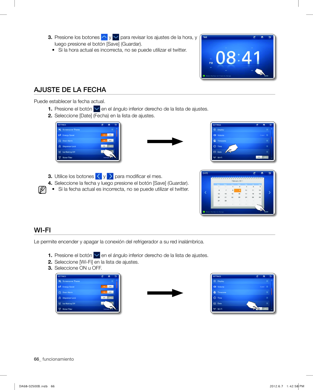 Samsung RSG309AARS user manual Ajuste de la fecha, Wi-Fi, funcionamiento 