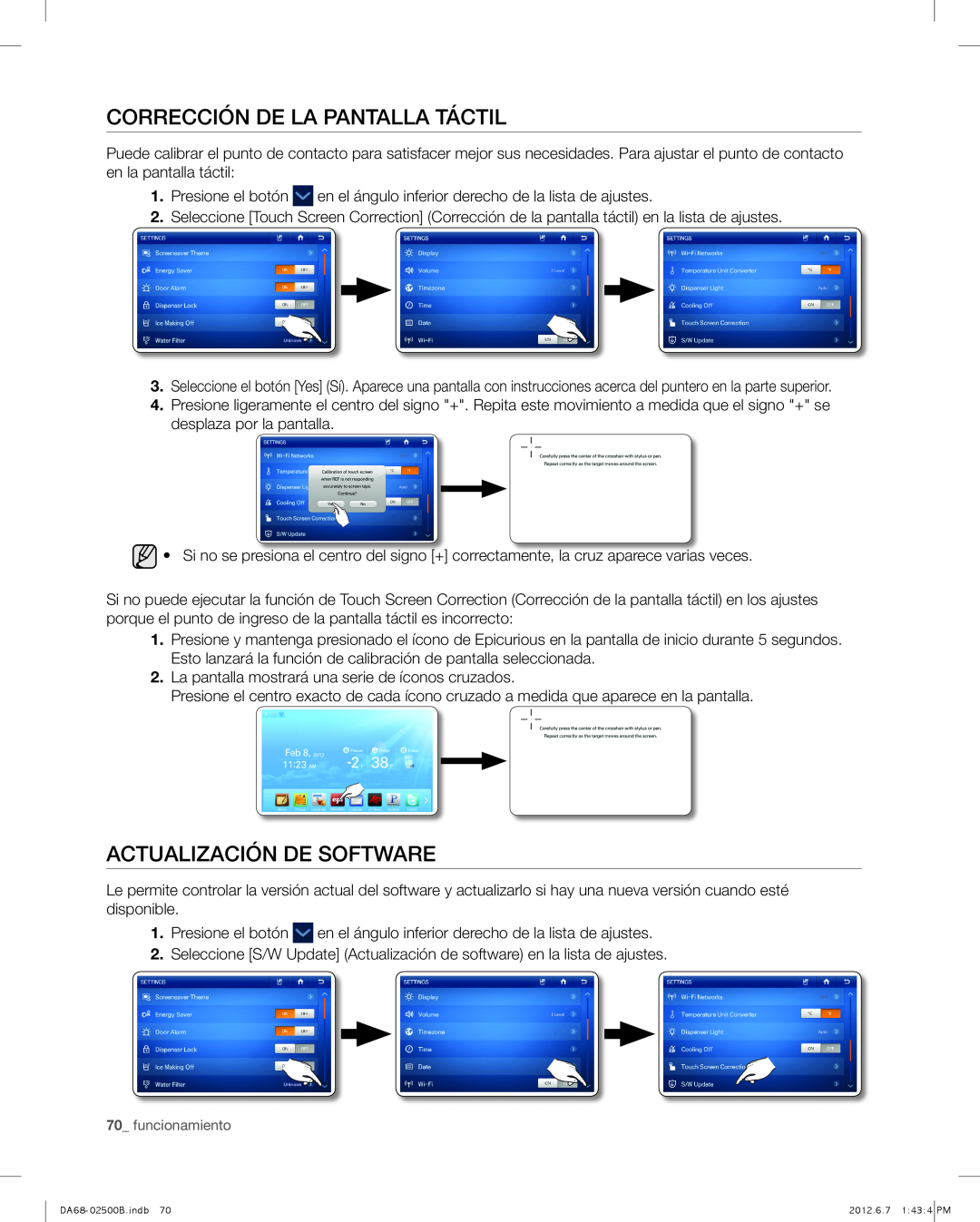 Samsung RSG309AARS user manual Corrección de la pantalla táctil, Actualización de software, funcionamiento 