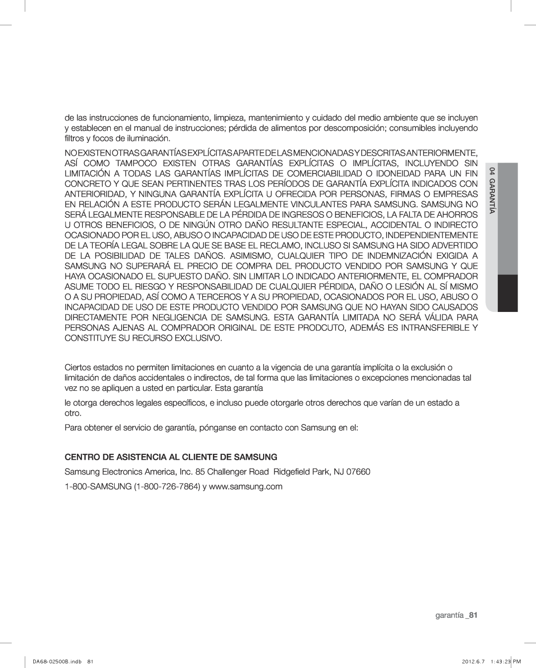 Samsung RSG309AARS user manual Centro De Asistencia Al Cliente De Samsung 