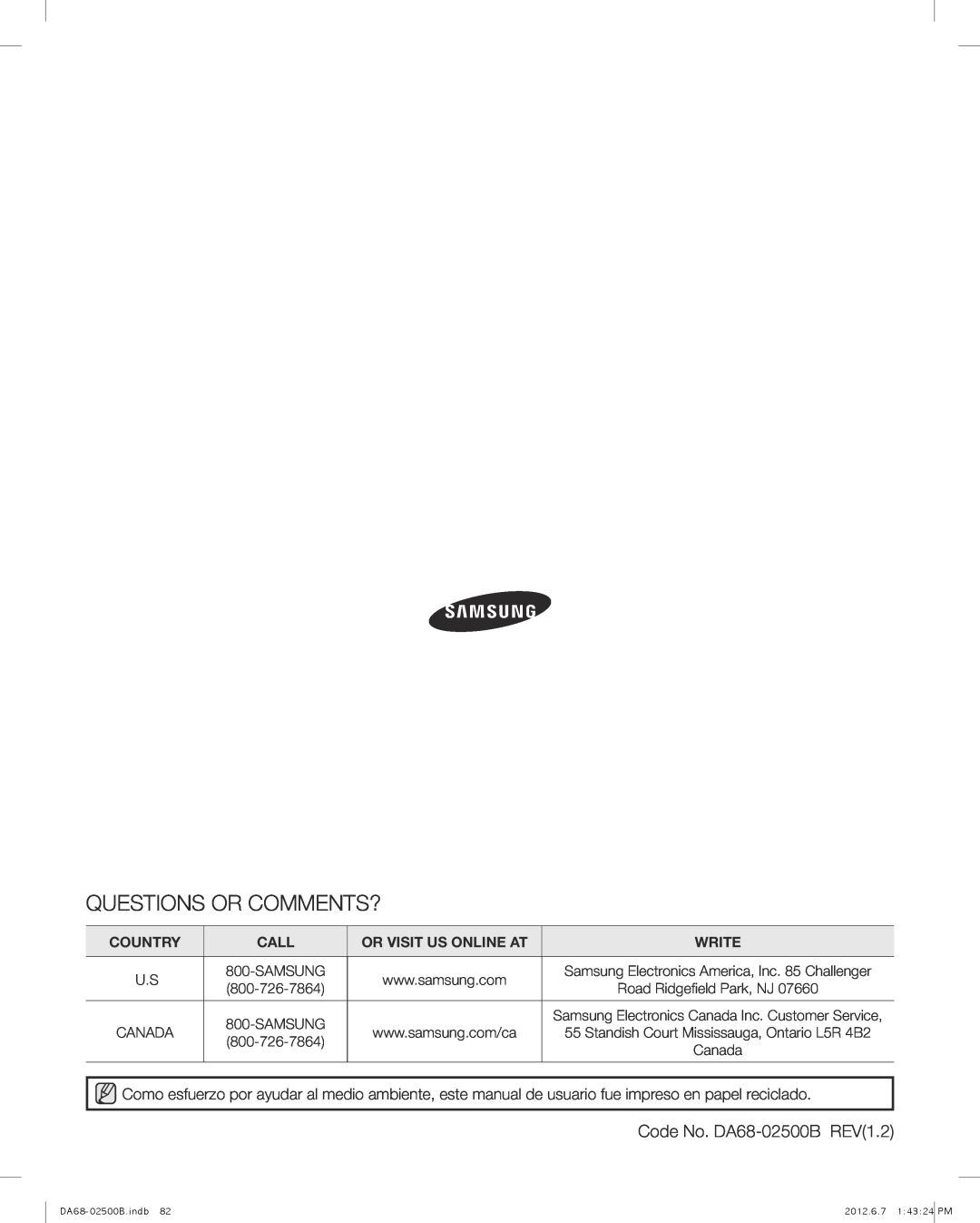Samsung RSG309AARS Questions Or Comments?, Code No. DA68-02500B REV1.2, Country, Call, Or Visit Us Online At, Write 