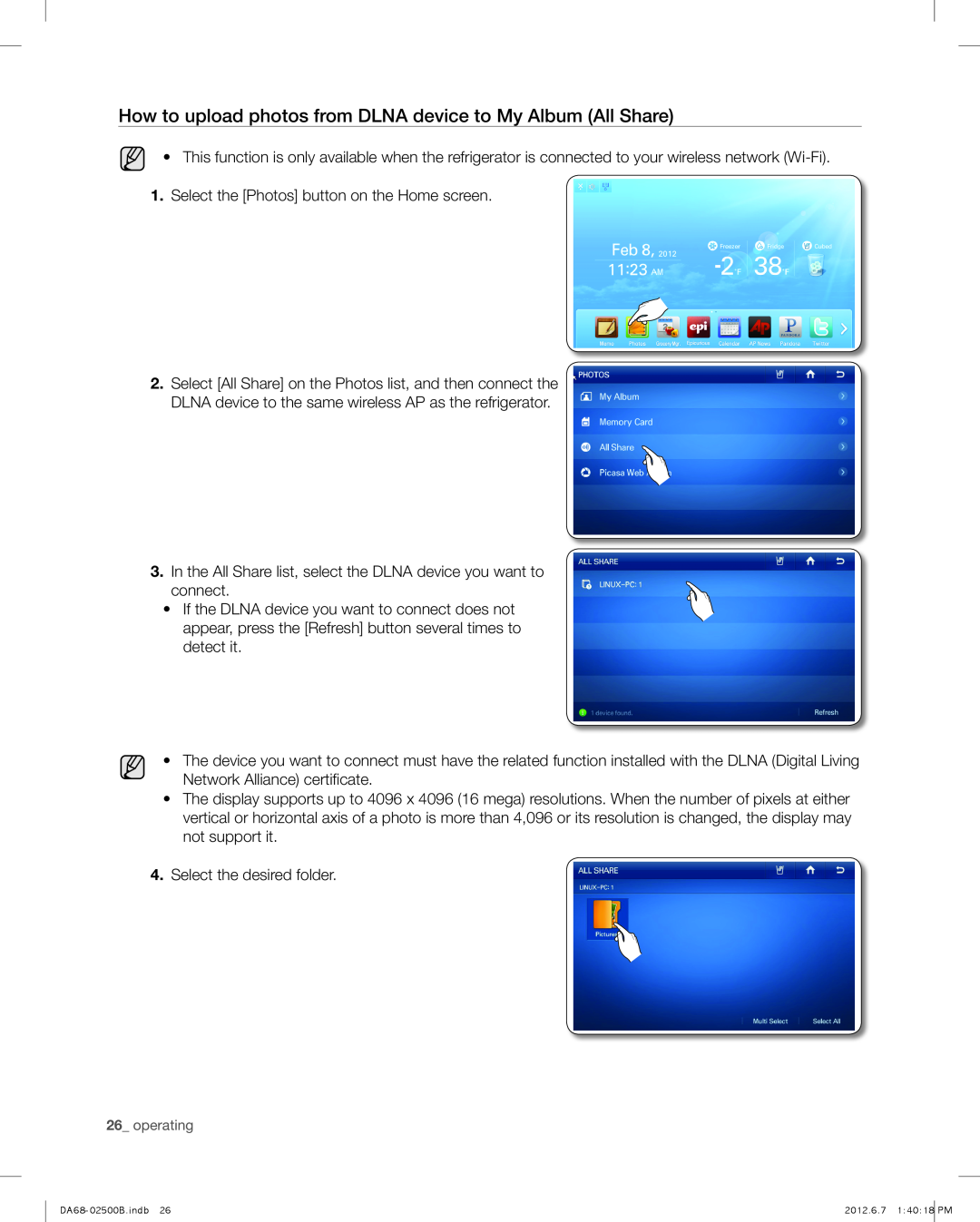 Samsung RSG309AARS user manual How to upload photos from DLNA device to My Album All Share 