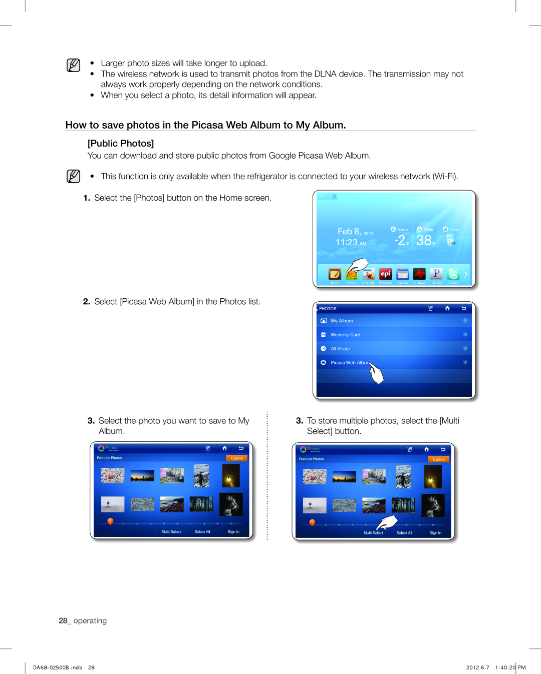 Samsung RSG309AARS user manual How to save photos in the Picasa Web Album to My Album, Public Photos 