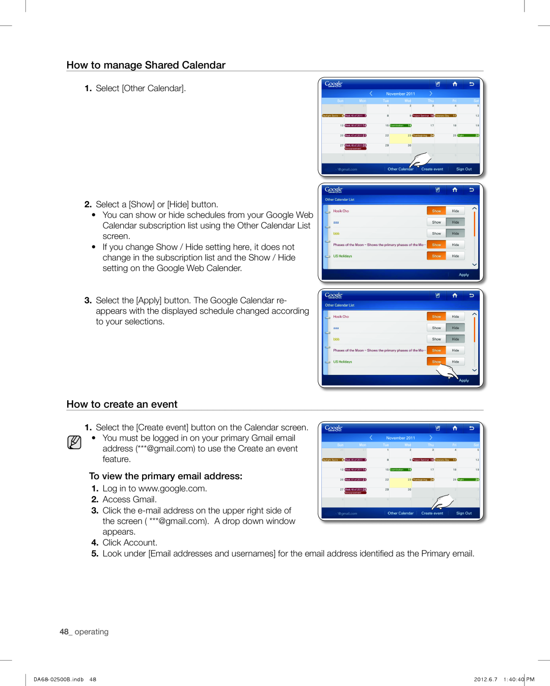 Samsung RSG309AARS user manual How to manage Shared Calendar, How to create an event, To view the primary email address 