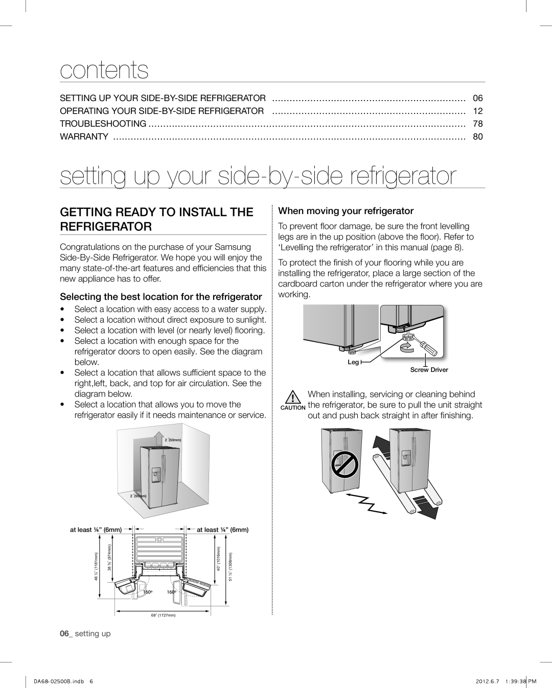 Samsung RSG309AARS contents, setting up your side-by-side refrigerator, Getting ready to install the refrigerator 