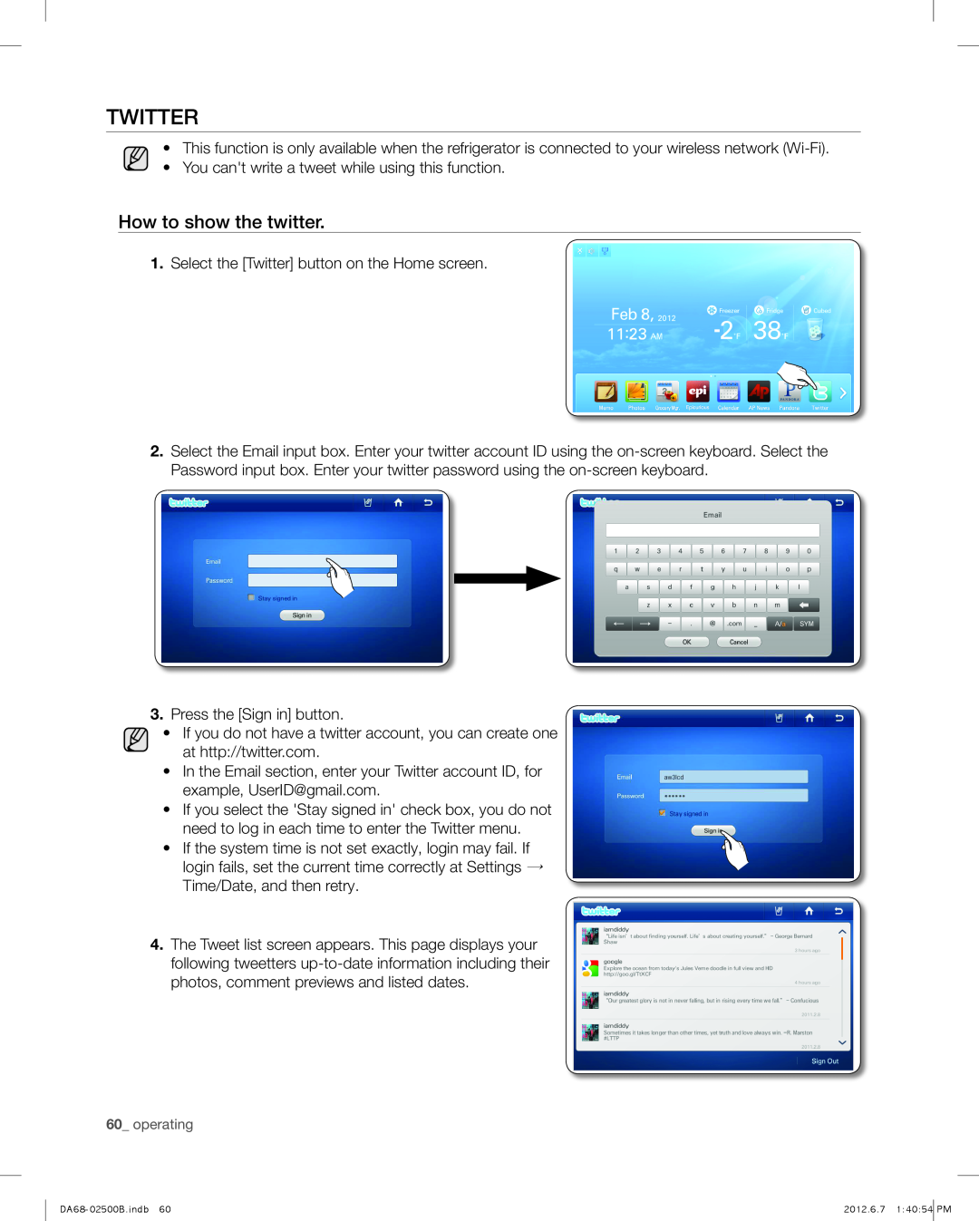Samsung RSG309AARS user manual Twitter, How to show the twitter 