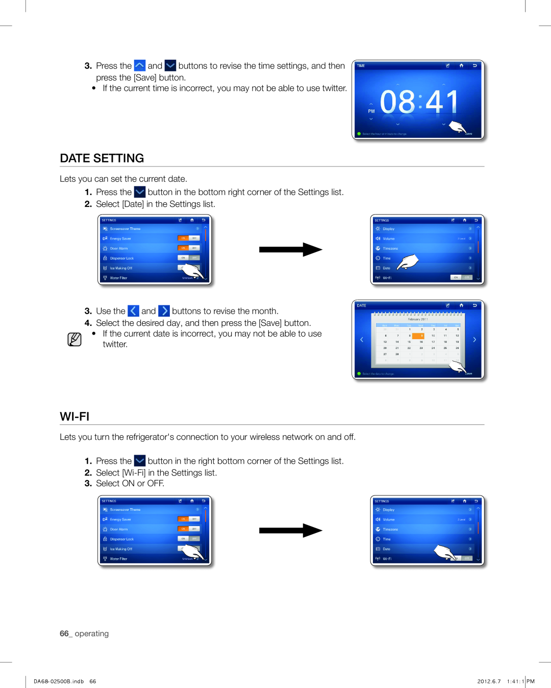 Samsung RSG309AARS user manual Date Setting, Wi-Fi, operating 