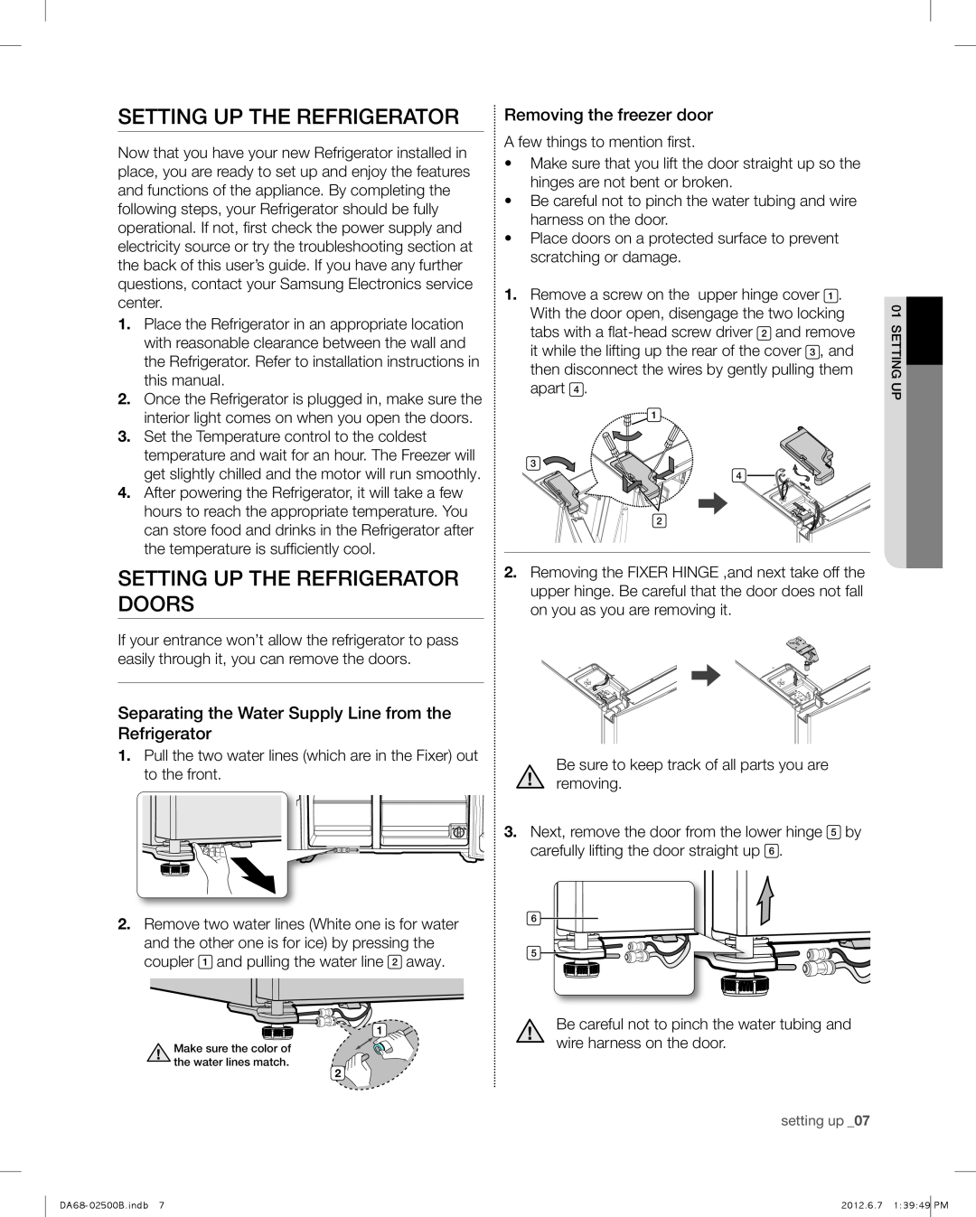 Samsung RSG309AARS user manual setting uP tHe ReFRigeRAtoR, SETTING UP the refrigerator doors, Removing the freezer door 