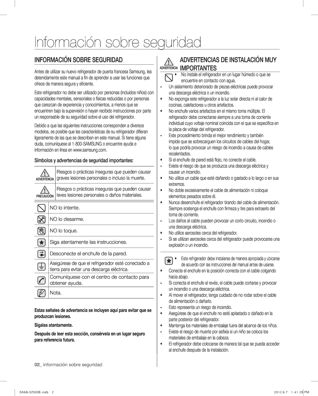 Samsung RSG309AARS user manual Información sobre seguridad, Información Sobre Seguridad, Advertencias De Instalación Muy 