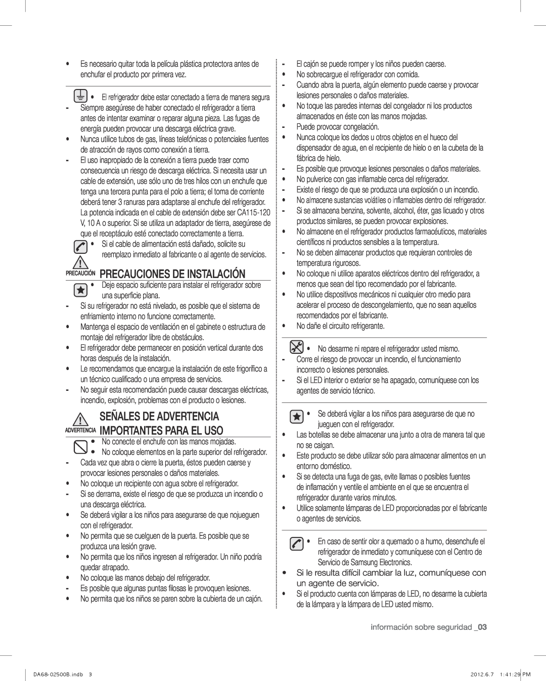 Samsung RSG309AARS user manual pRECAUCIÓN PRECAUCIONES DE INSTALACIÓN 