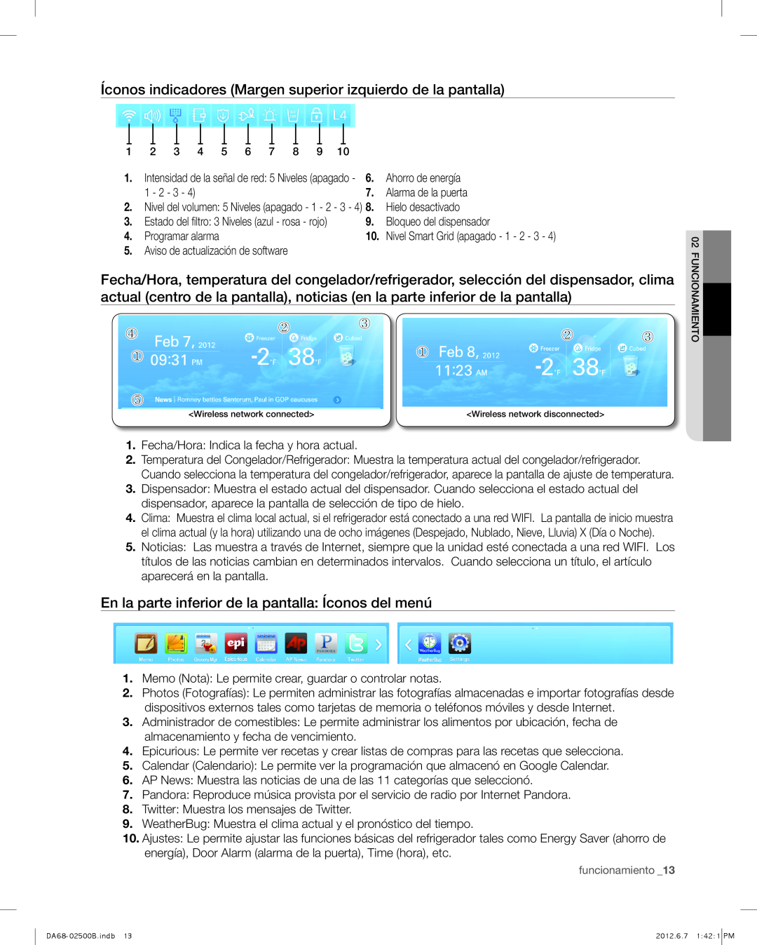 Samsung RSG309 Íconos indicadores Margen superior izquierdo de la pantalla, Bloqueo del dispensador, Programar alarma 