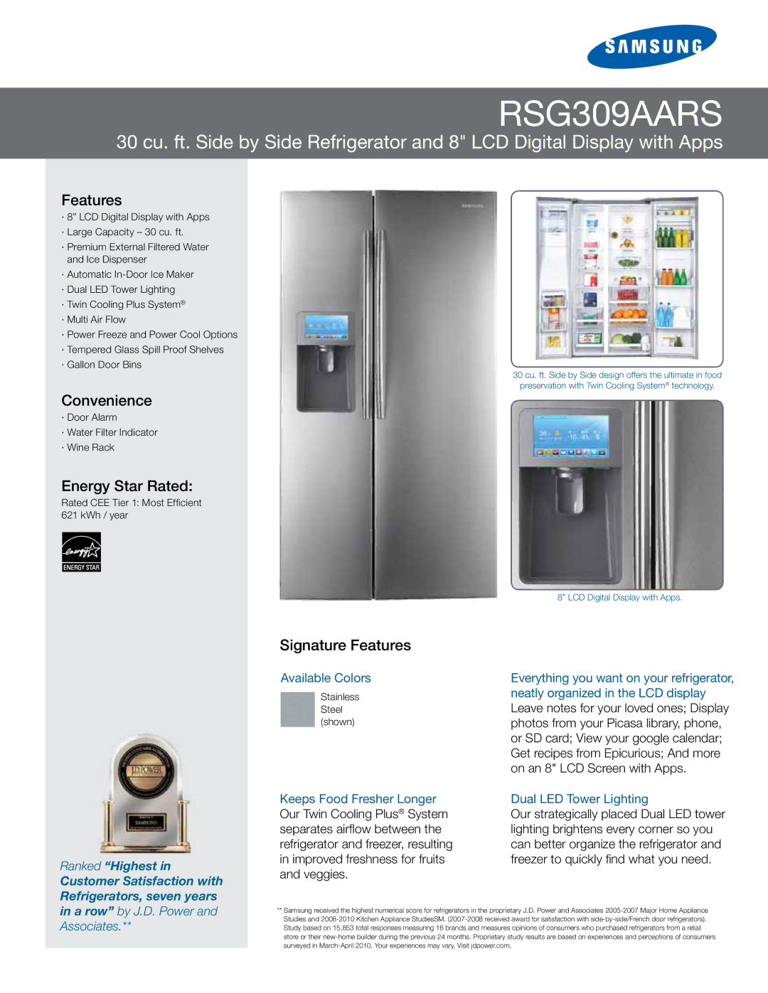 Samsung RSG309AARS manual Convenience, Energy Star Rated, Signature Features 