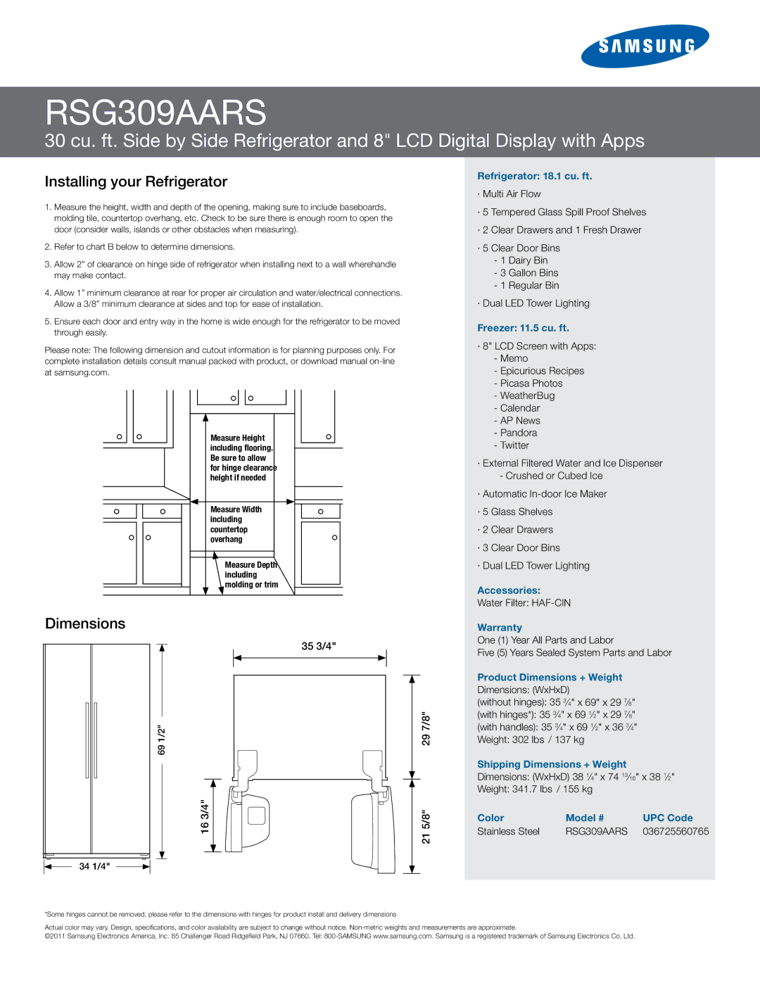 Samsung RSG309AARS manual Installing your Refrigerator 